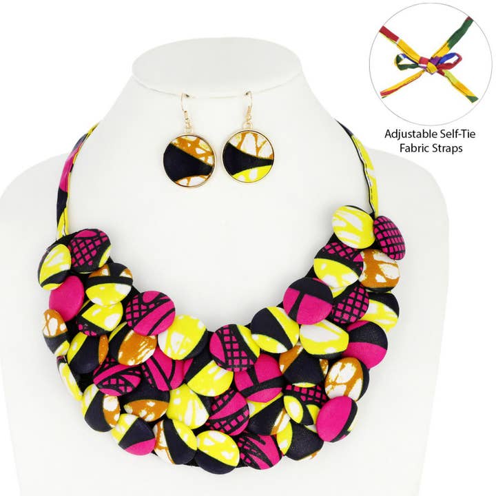 SP Sophia Collection - Wholesale Jewelry Set - African Print Fabric Button Bib Necklace & Earring Set5
