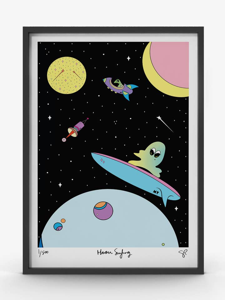 Children's Bedroom / Nursery Art Prints - Moon Surfing for wholesale by Moon Rascals