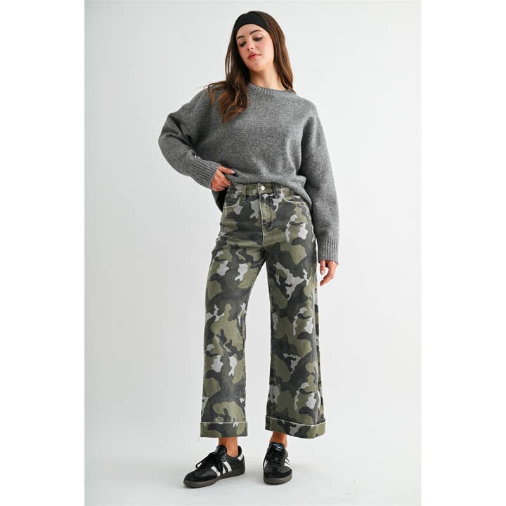 HIGH-RISE WIDE LEG CROP CAMOUFLAGE CUFFED HEM for wholesale by Mica Denim