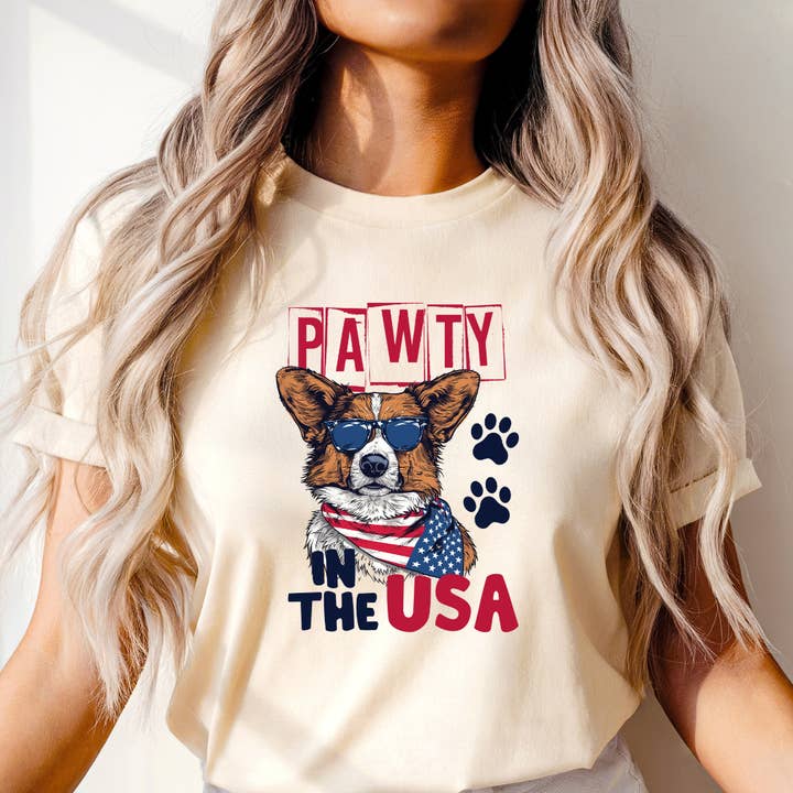 Pawty In The Usa 4th of July Graphic Tee for wholesale by Happy Mail Wholesale