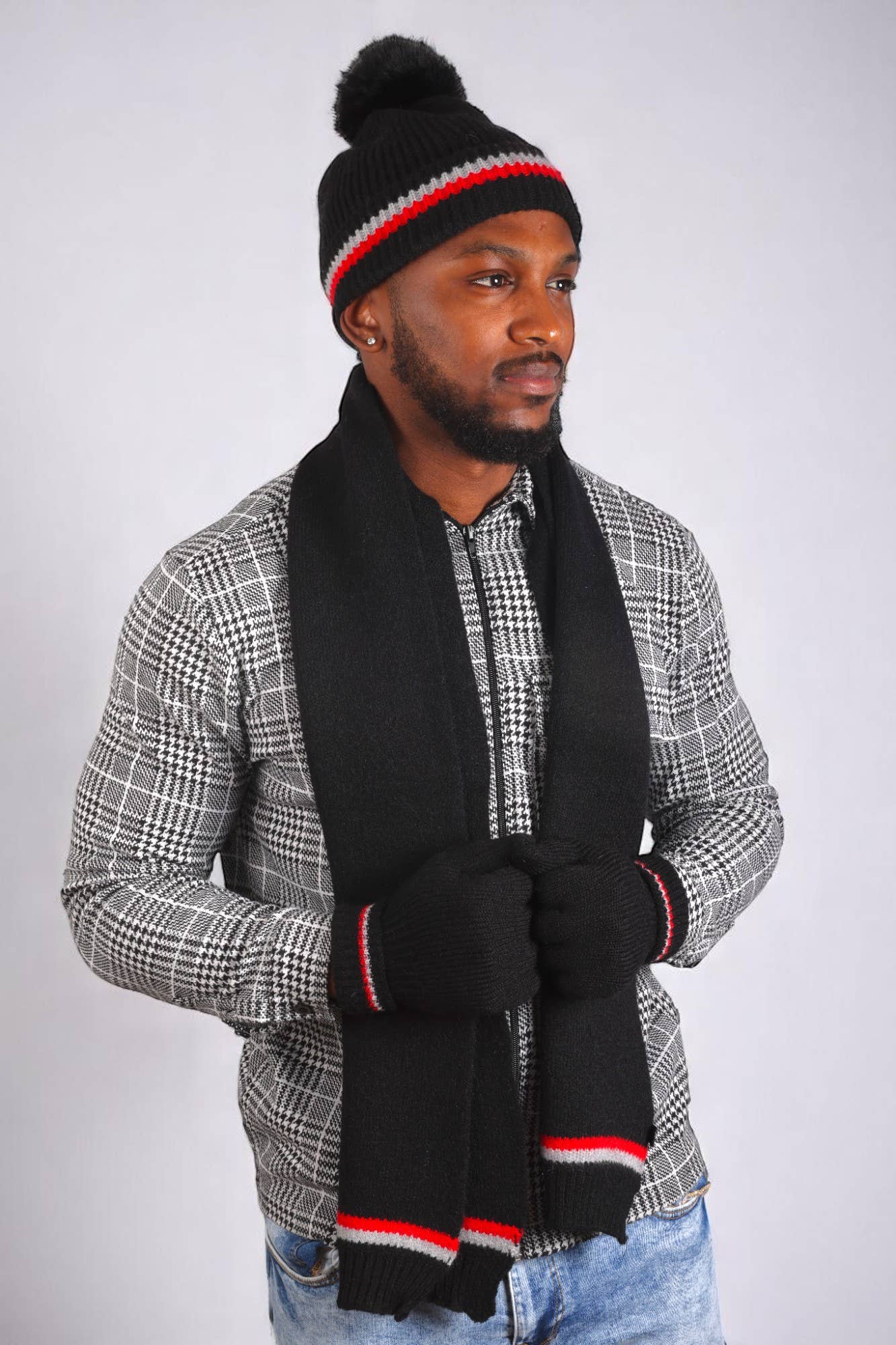 Jess & Lou - Wholesale Handschoenen - Uniseks - Zwarte comfortabele vingerloze dubbelgestreepte handschoenen GL2261