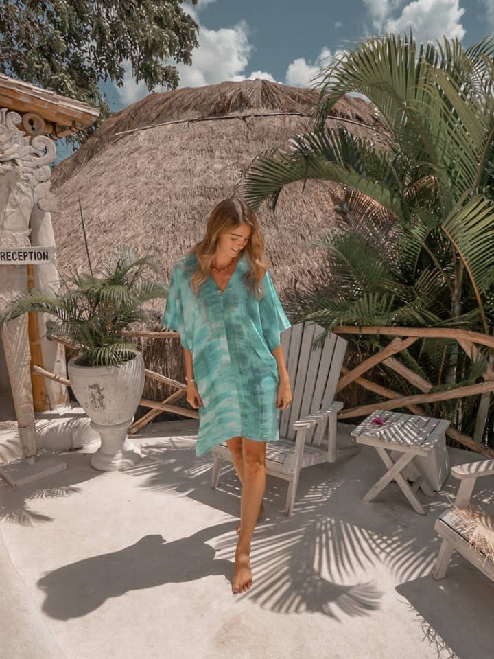 Vestido tipo túnica en azul, verde y turquesa para venta al por mayor de Mahisi