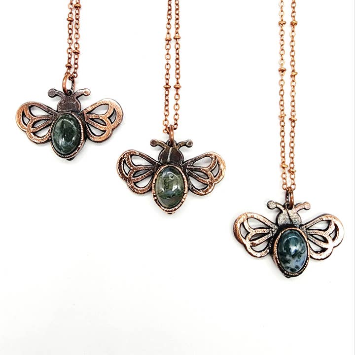 Moss Agate Bee Necklace // Electroformed Jewelry for wholesale by MergingMetals