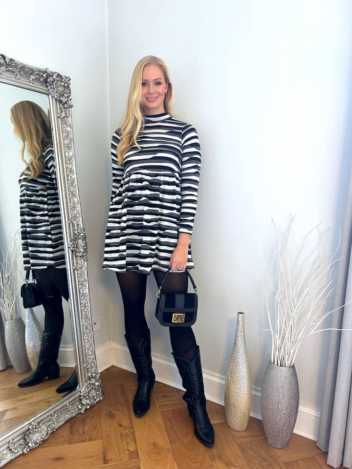 Black and White Striped Flared Hem Dress for wholesale by Marina Kaneva