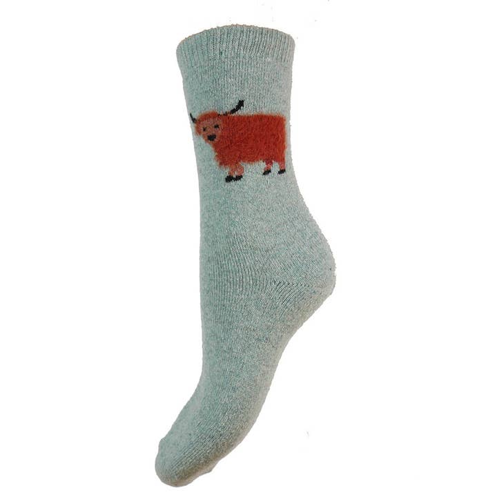 Thick wool blend light blue socks with fluffy Highland Cows for wholesale by GEMJAR LTD