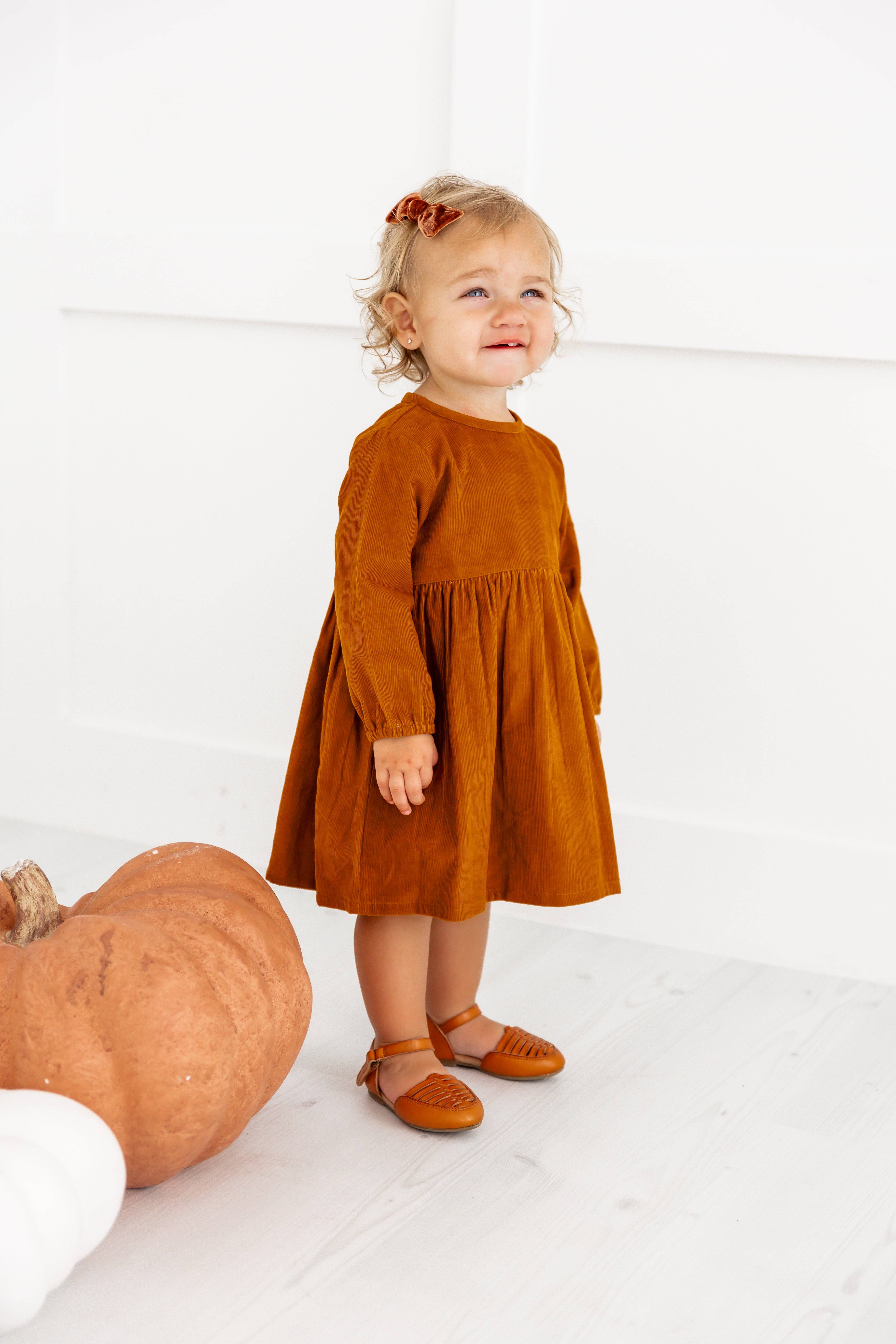Yo Baby - Wholesale Dress - Kids - Rust Corduroy Solid Color Long Sleeves Gathered Dress8