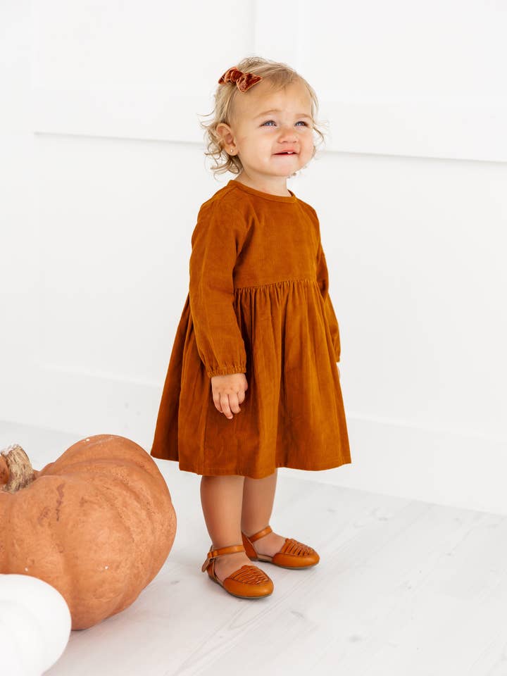 Yo Baby - Wholesale Dress - Kids - Rust Corduroy Solid Color Long Sleeves Gathered Dress8