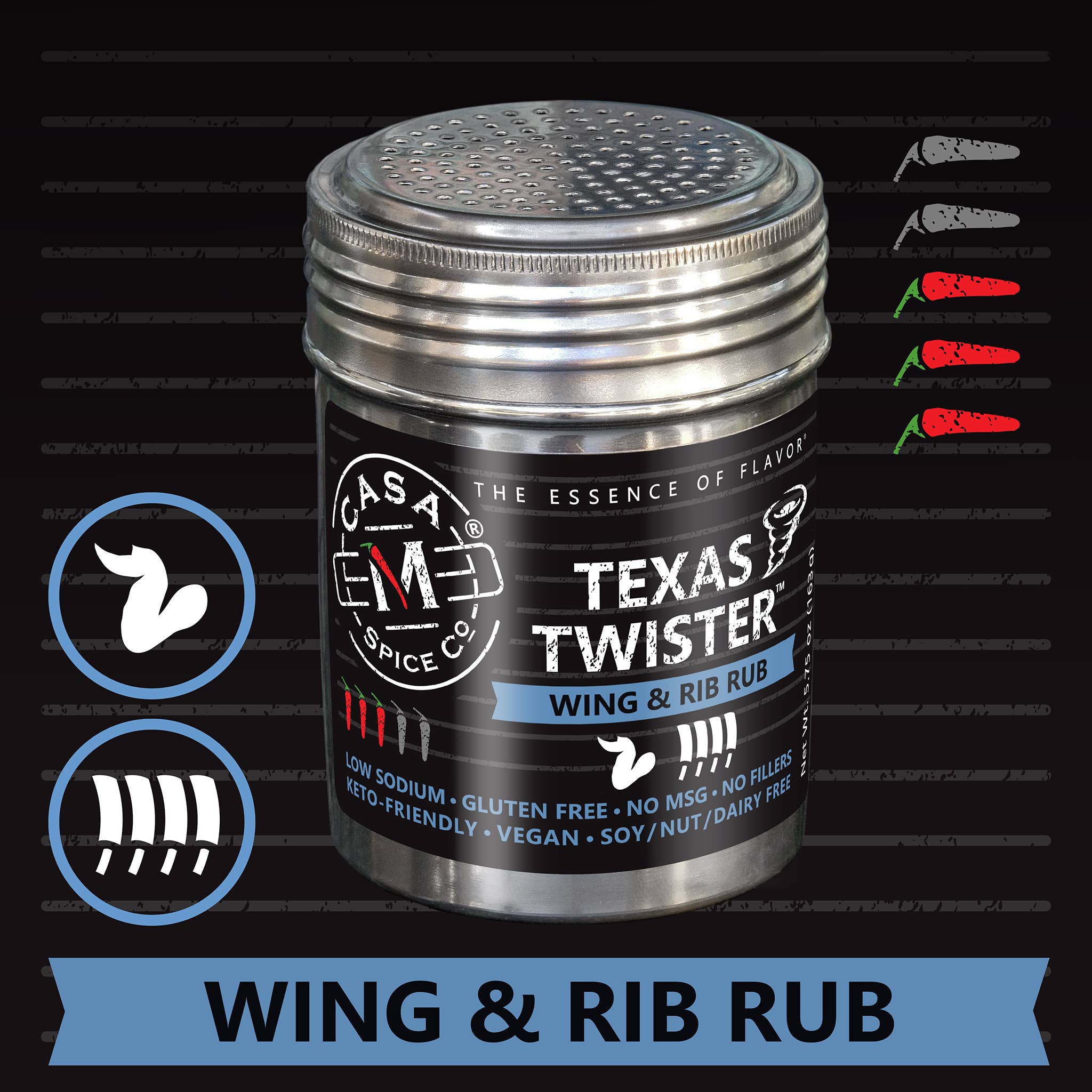 Casa M Spice Co LLC - Wholesale Rub - NEW!  Texas Twister™ Wing & Rib Rub - Stainless Steel Shaker5