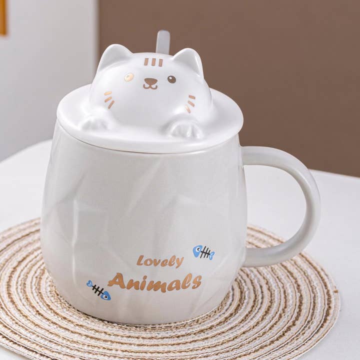 Tasse adorable chat 14 oz avec couvercle et gris paille pour la vente par Urban Tokyo