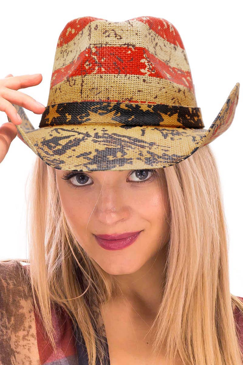 TAN Vintage Speckled American Flag Cowboy Hat for wholesale on Faire1