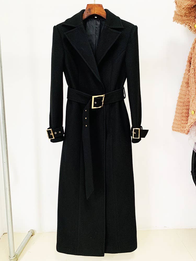 CT027 Elegant Long Black Wool Coat with Gold Accents for wholesale on Faire1
