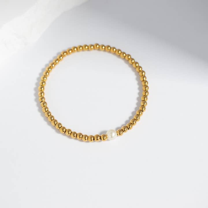 WJW - Wholesale Beaded Bracelet - 18K Gold PVD Stainless Steel Stretch Bracelet with Pearl8