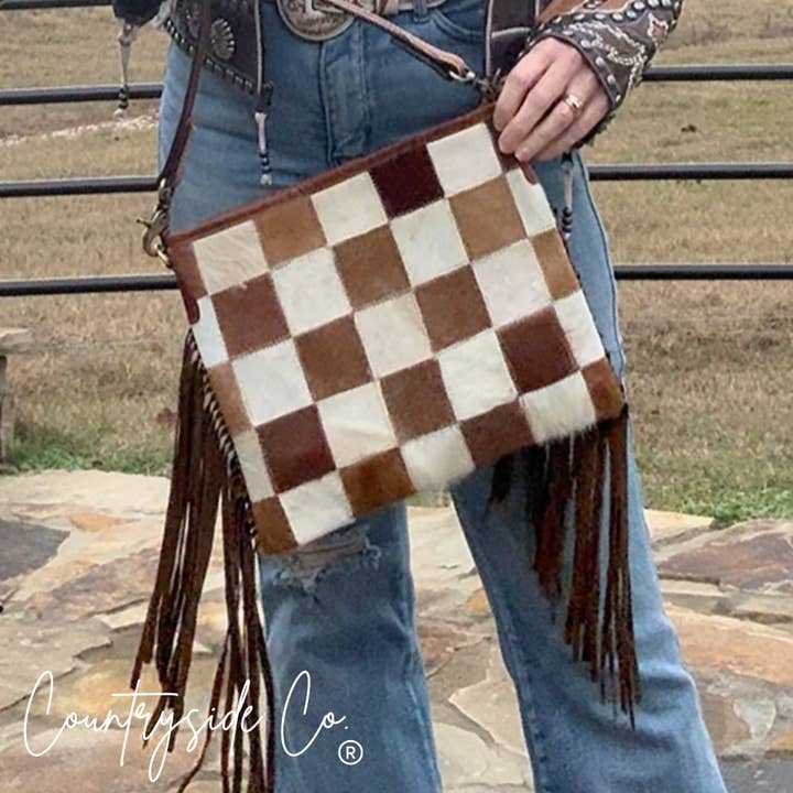 Longhorn Trail Cowhide Checkered Purse for wholesale by Texas Western Cowhide Bags and More