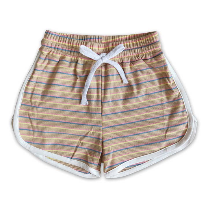 High quanlity cotton Khaki stripe drawstring girls summer shorts for wholesale by Yawoo Garments