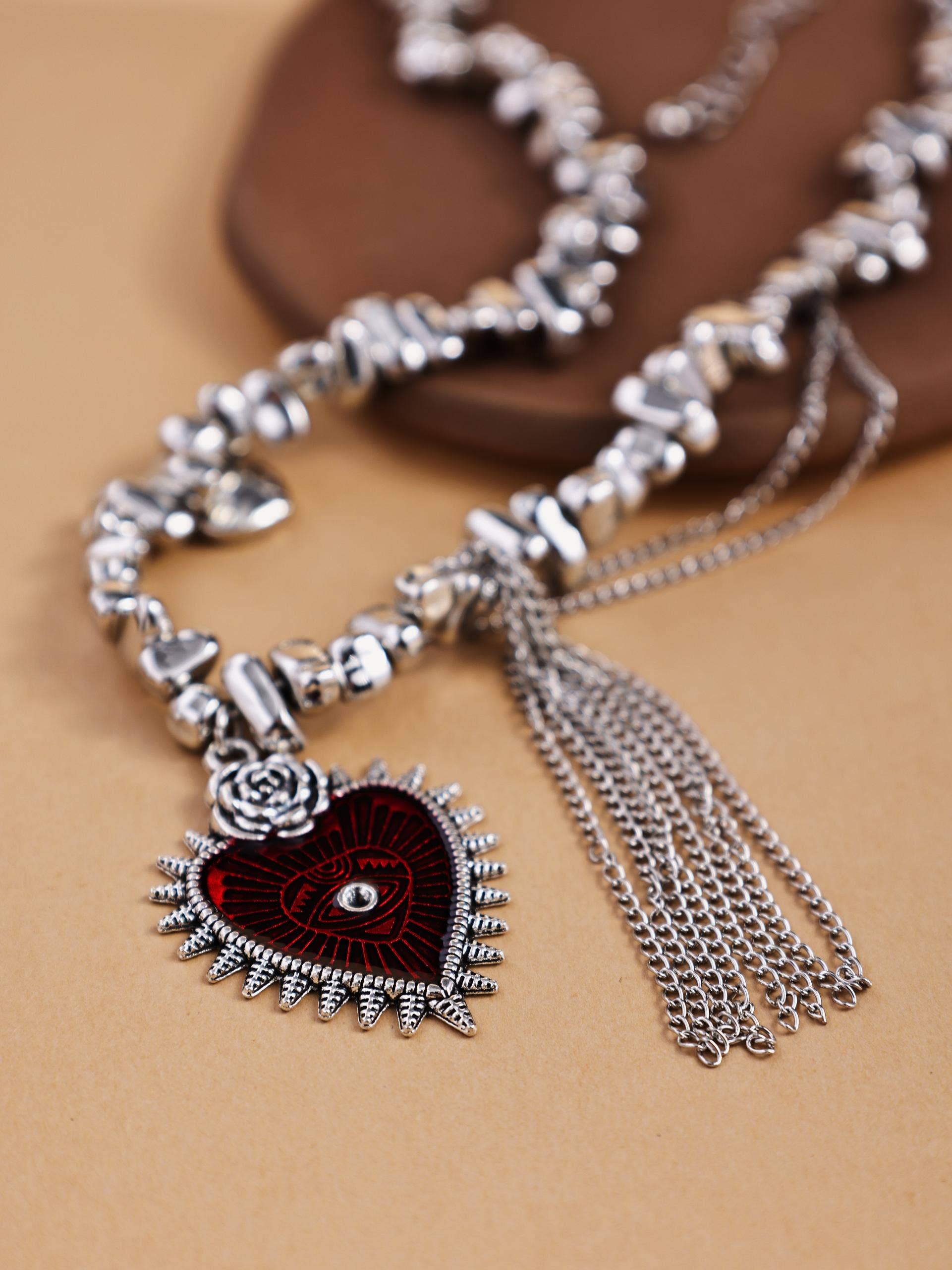 Revelari – wholesale Pendant/charm necklace – Silver Beaded Necklace with Heart Pendant and Tassel2