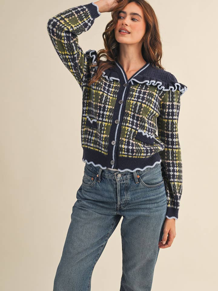 &MERCI - Wholesale Cardigan - Women's - RUFFLED YOKE PLAID SWEATER CARDIGAN MSW1118511