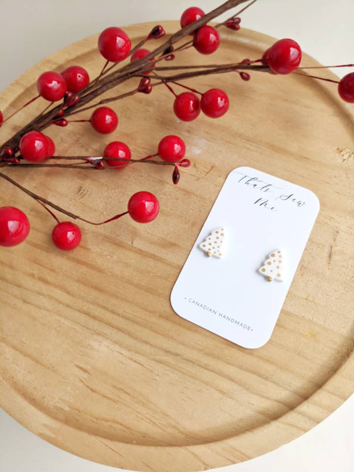 Stud de árvore de Natal de ouro branco, brincos de argila de polímero por atacado de That's Sew Me