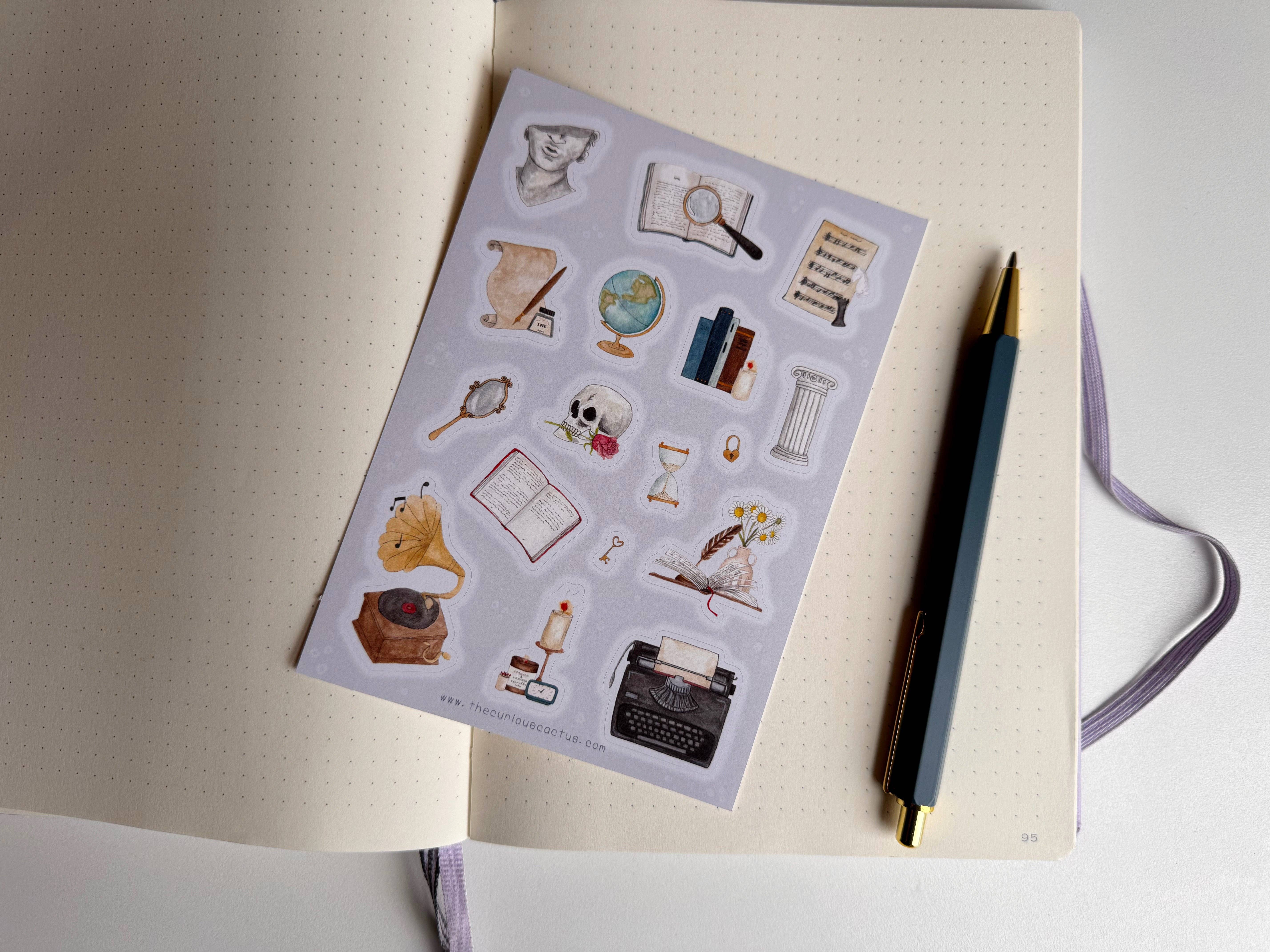 The Curious Cactus - Wholesale Sticker - Light Academia Sticker Sheet1