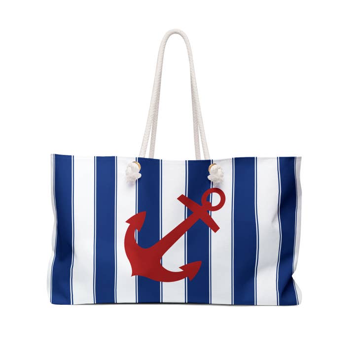 Red Anchor Cabana Stripe Beach tote bag. Rope Weekender for wholesale by Lyn Roma
