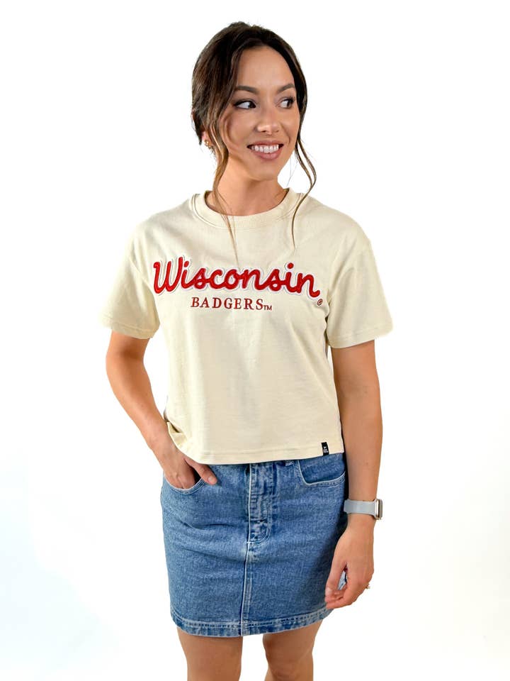 Wisconsin Manhattan Stitch Heavyweight Crop Tee for wholesale by Gameday Social Apparel Co.®