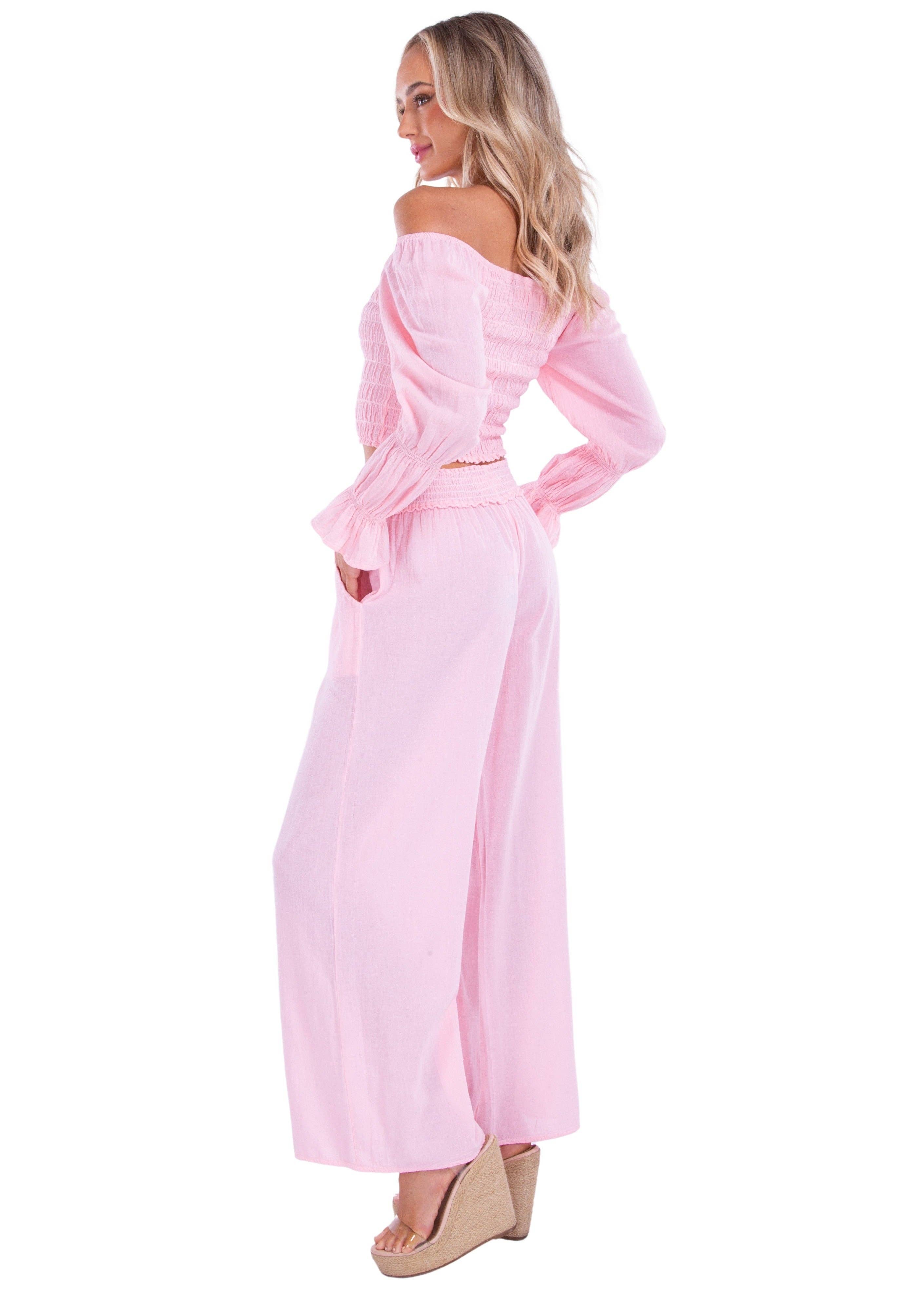Smocked Waist Cotton Wide Leg Pants - Baby Pink for wholesale on Faire2