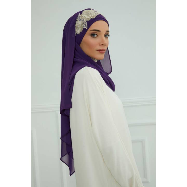 Aisha's Design - Wholesale Hijab – Women’s - Luxury Instant Chiffon Hijab with Floral Lace, Ready-to-Wear Chiffon Hijab with Embroidered Flowers,CPS-10114