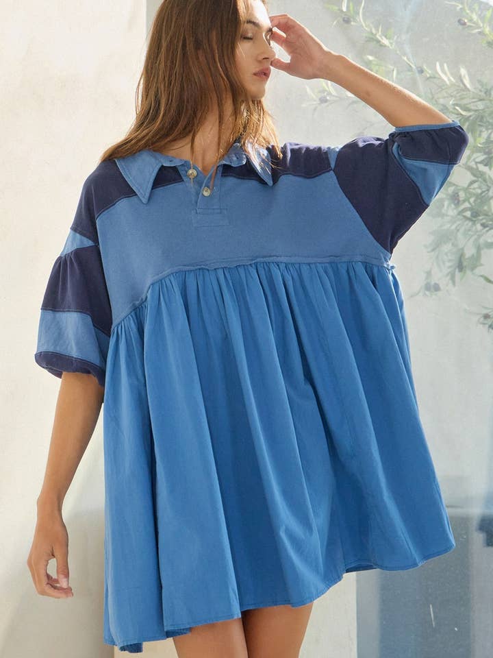 Denim blue ID4301 Billowy Shapeless Silhouette Rugby Mini Dress for wholesale on Faire8