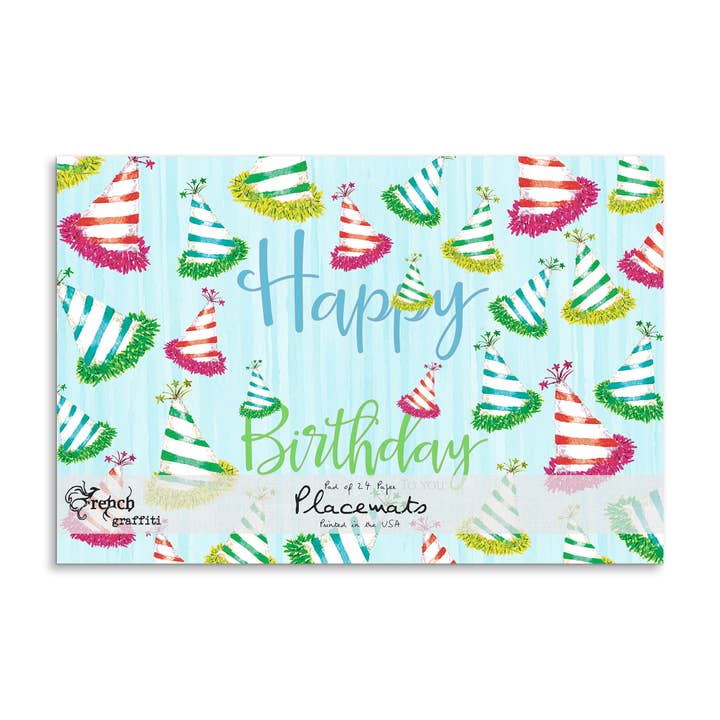 French Graffiti - Wholesale Disposable Placemat - Party Hats with Happy Birthday Paper Placemats