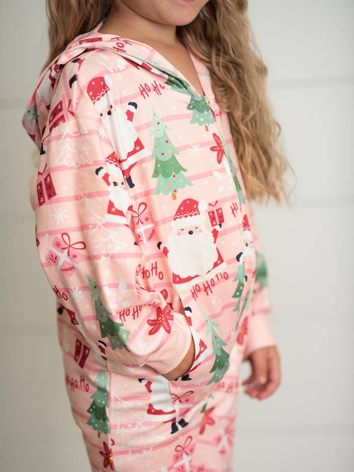 Adorable Sweetness - Wholesale Onesie - Kids - Kids Pink Santa Lounge Zip Hoodie Onesie with Critter Ears