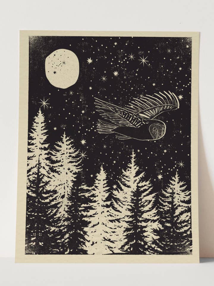 "Night Watch" Black Owl Wall Art Print Mid Century Retro for wholesale by Ash Cascade Design