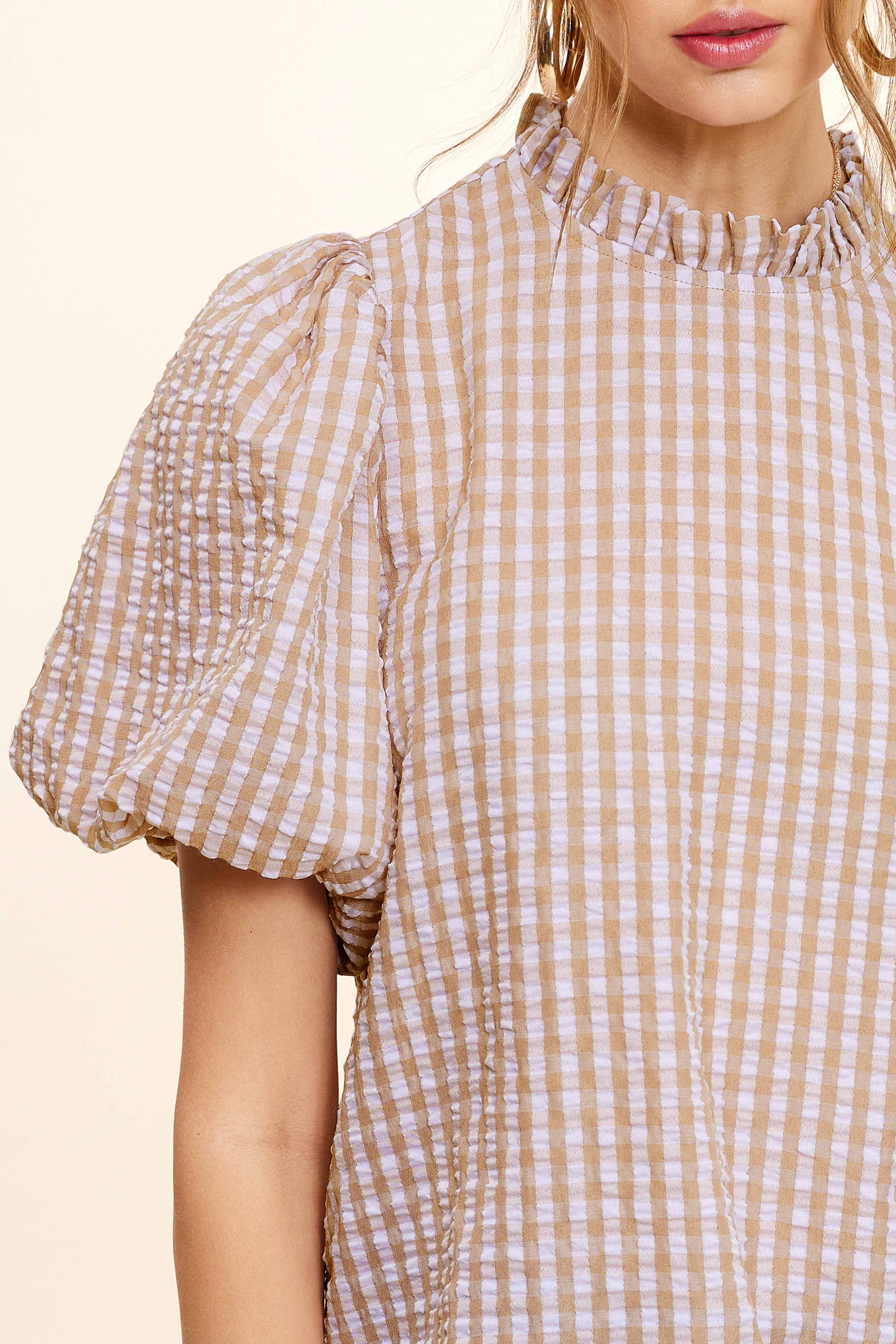 La Miel - Wholesale Blouse - Women's - HCT7697-Gingham Check Print Lovely Puff Short Sleeve Top8