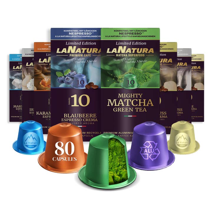 La Natura Lifestyle BIO GmbH - Vendita all'ingrosso Cialde caffè - La Natura Lifestyle CONFEZIONE ASSAGGIO, 80 capsule di caffè e tè compatibili con macchine da caffè Nespresso³, Mirtillo, Caramello-Miele, Caffè Irlandese, Marshmallow, Nocciola, Vaniglia, Cocco, Tè Matcha