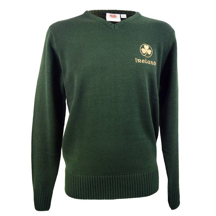 Bottle Green Ireland V-Neck Sweater with Gold Embroidery for wholesale by Dublin Gift Company