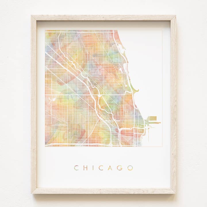 Impresión artística del mapa en acuarela del orgullo de Illinois de Chicago para venta al por mayor de Turn-of-the-Centuries