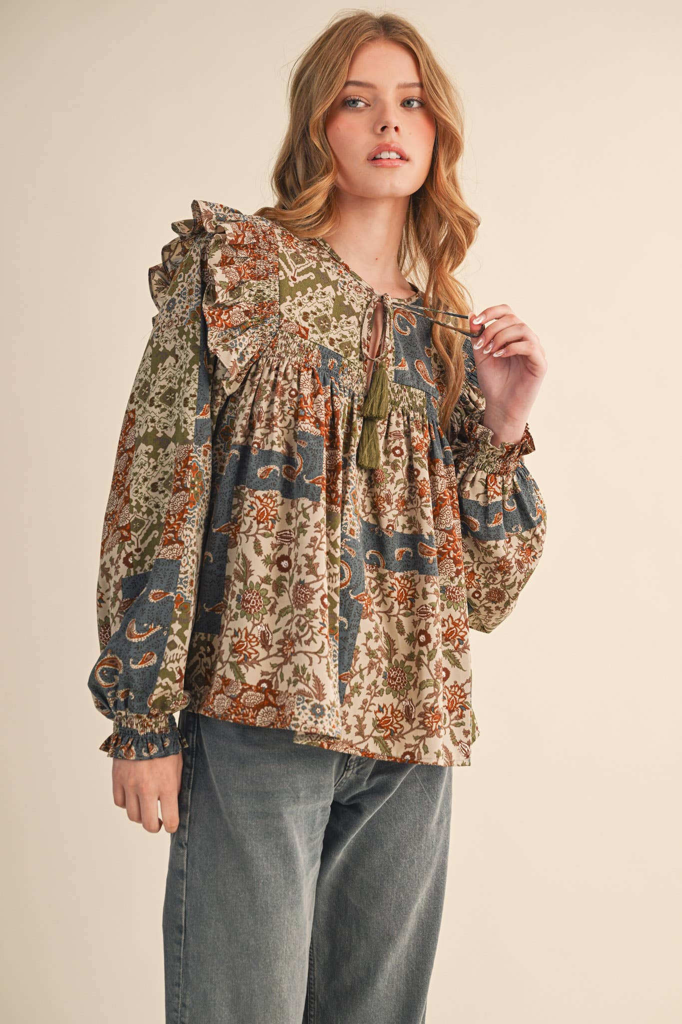 &MERCI - Wholesale Blouse - Women's - PATCHWORK PRINT SMOCKED RUFFLE BLOUSE MTP435023