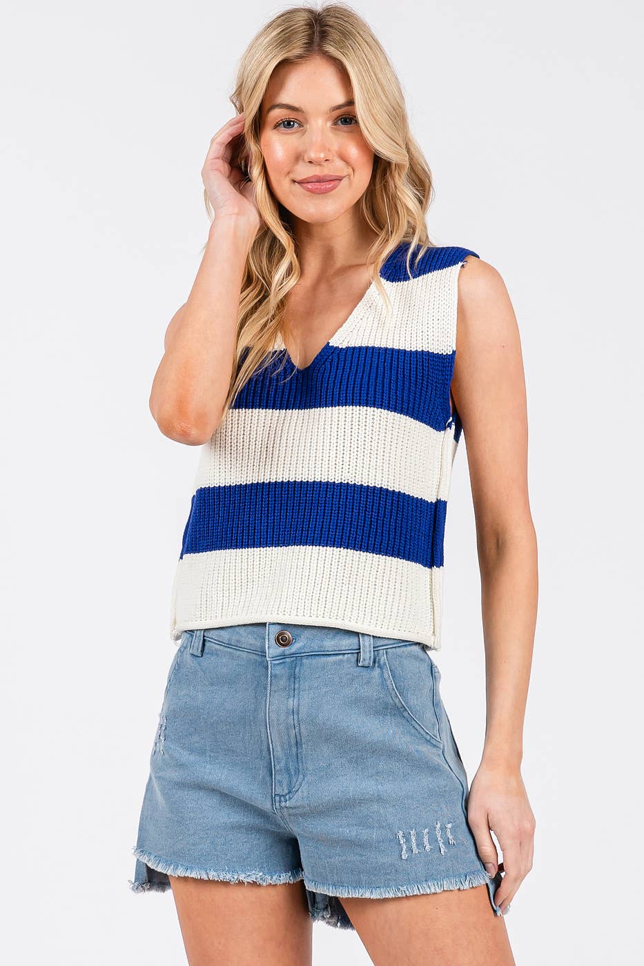 mittoshop - Wholesale Sweater Vest - Women's - STRIPED V-NECK CROPPED SWEATER VEST TOP10