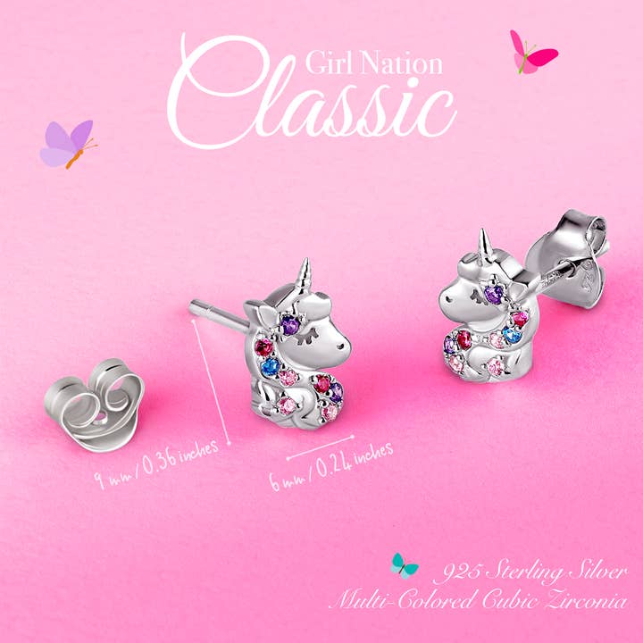 Girl Nation - Vente Boucles d'oreilles – enfant - Boucles d'oreilles licorne | Argent sterling 925 | CZ multicolore2