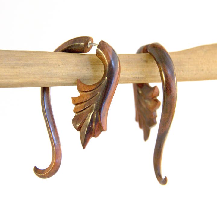 Ajmer by Jodi - Wholesale Cuff/Wrap Earrings - Wood Palmette Faux Gauges~ Surgical Steel ear wires3