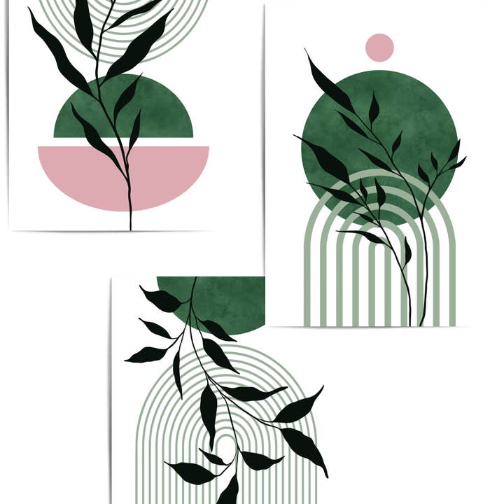 THE WALL HABITAT - Wholesale Gallery Wall Set - Set of 3 Green and Pink Wall Art Prints