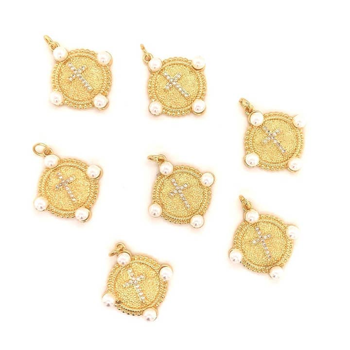 18K Gold Pearl Cross Pendant For Necklace, Elegant Gold Cros for wholesale by The Bead Bazaar