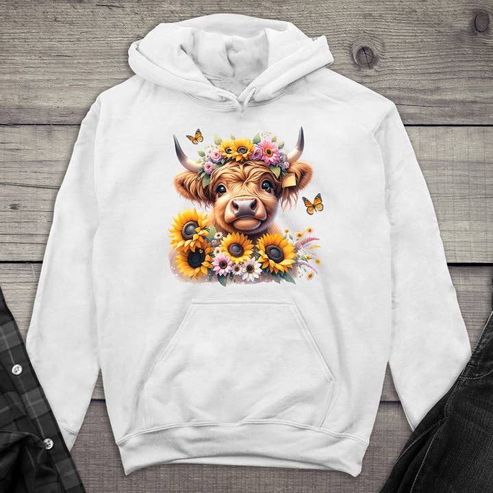 Felpa con cappuccio Highland Cow Flowers per la vendita all'ingrosso da parte di Artopia