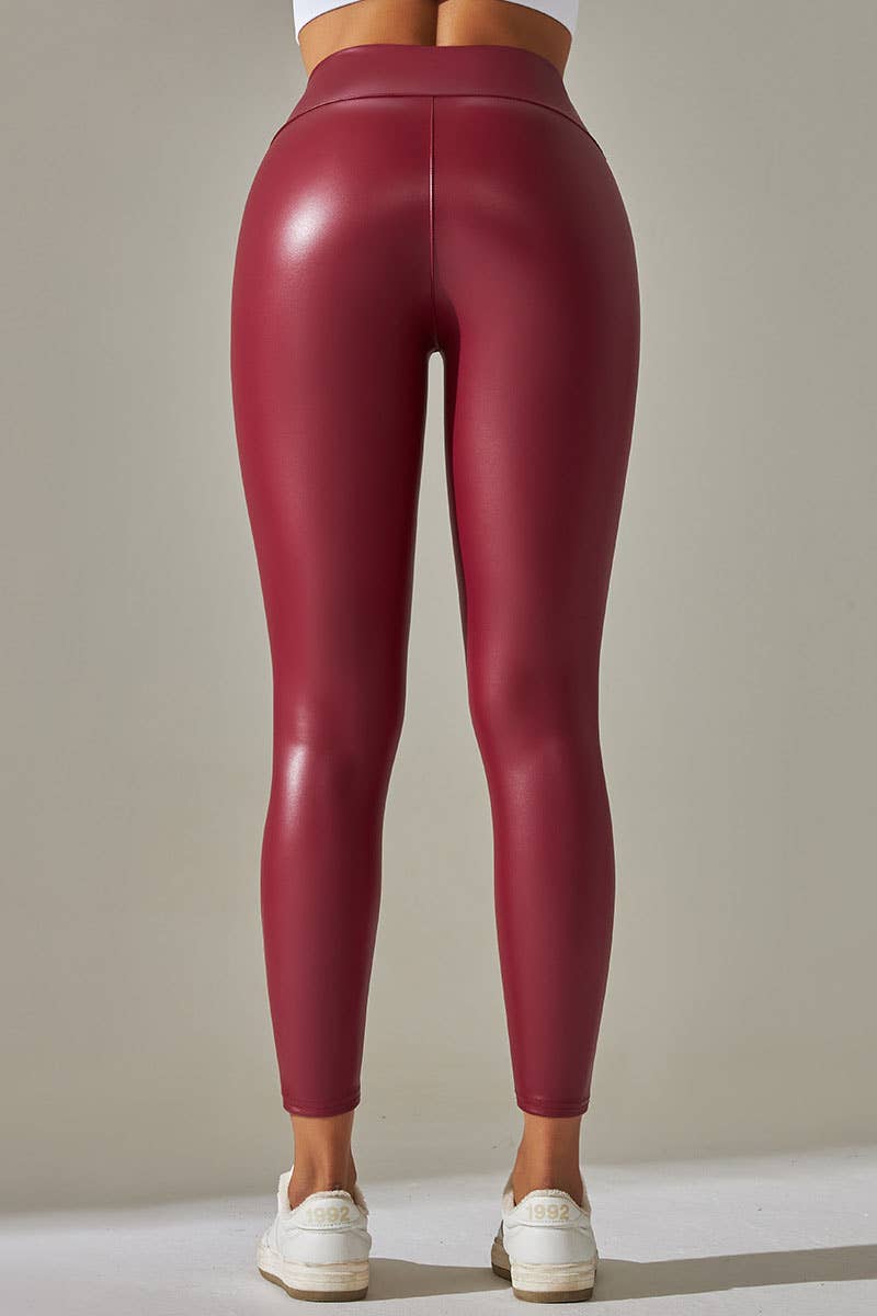 Color 5 - Wholesale Fashion Leggings - Women's - Burgundy  color high waist faux matt leather skinny leggings4