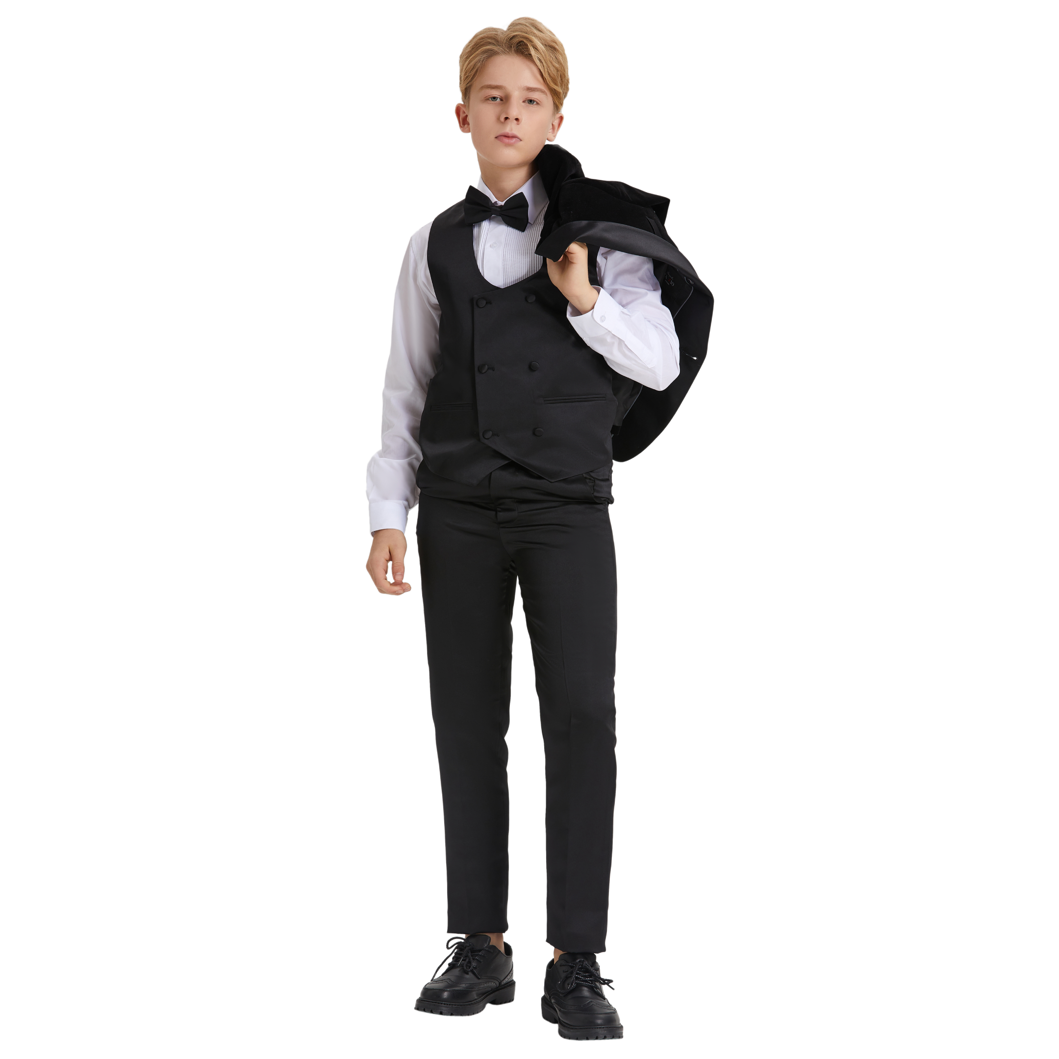 Suits America - Wholesale Suit Set - Kids - Velvet Boys Tuxedo Black 5pc w/ Bowtie & Tuxedo Dress Shirt2