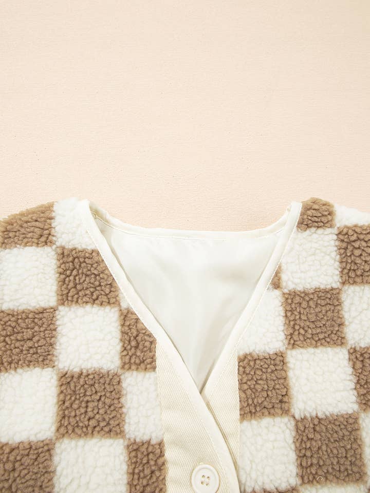 Brown Checkered Sherpa Buttoned Front Chunky Jacket for wholesale on Faire4