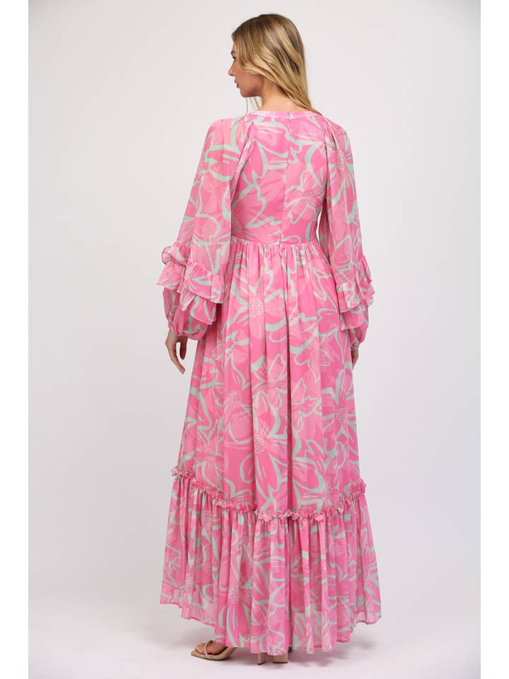 PINK MULTI DEEP V-NECK WITH RUFFLED LONG SLEEVE MAXI DRESS FD31036 for wholesale on Faire