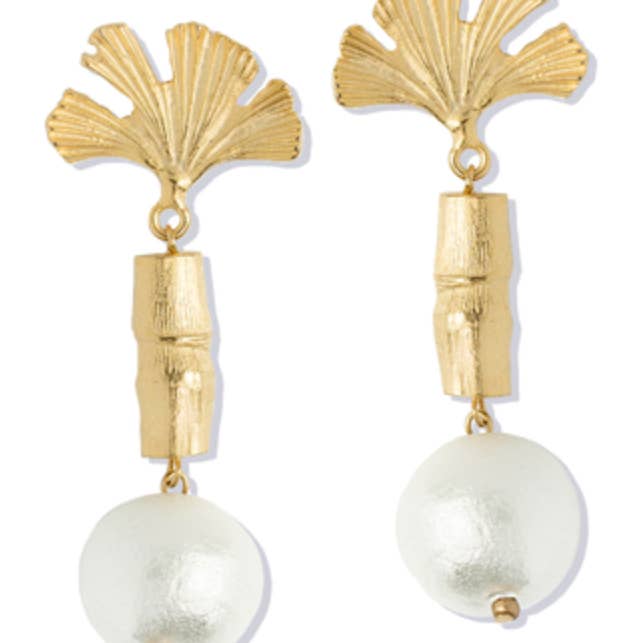Gold Ginkgo, Bamboo & Cotton Pearl Earring for wholesale by Susan Shaw