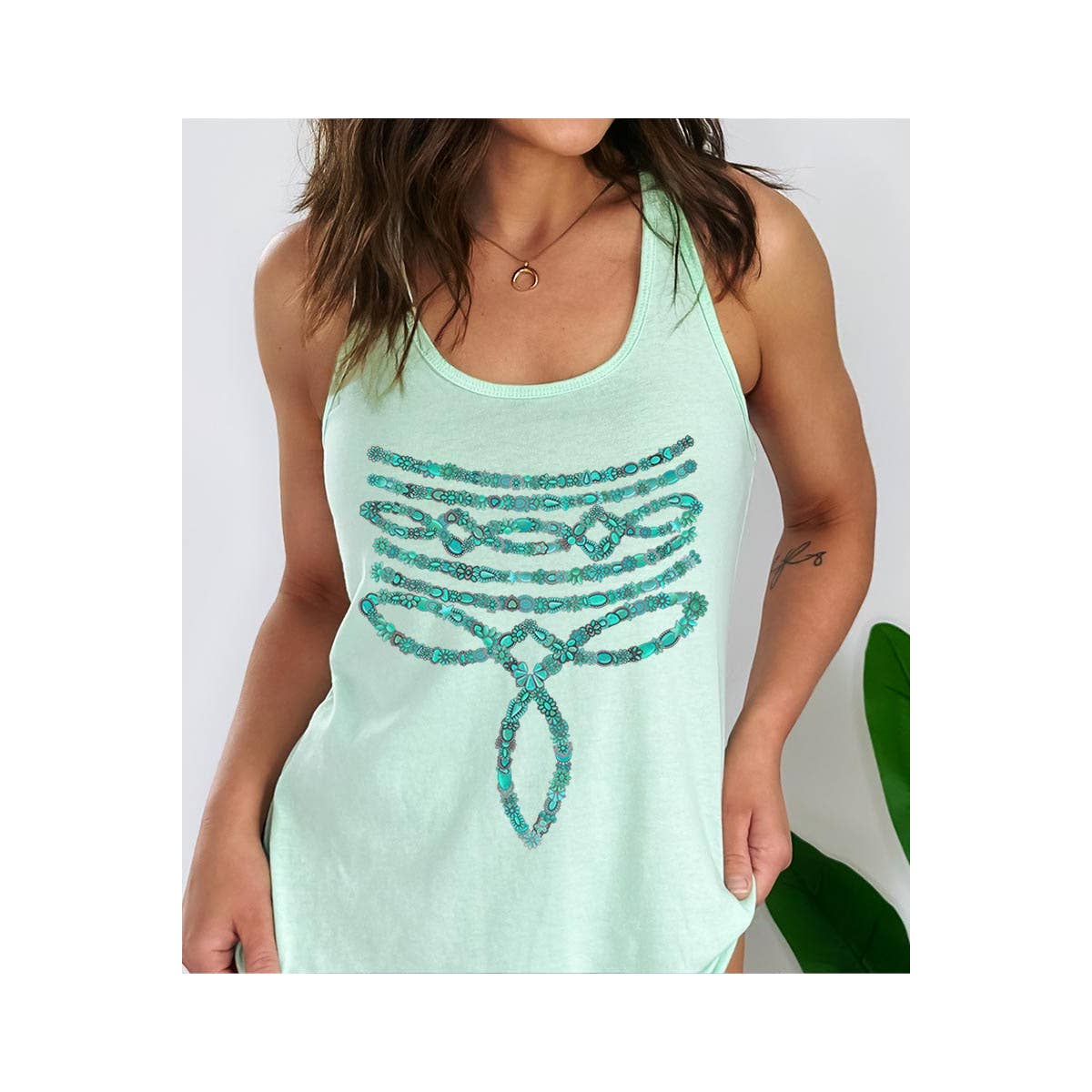 COLORBEAR - Wholesale Tank Top - Women's - Turquoise Stone Stitch Graphic Racerback Tank Top1