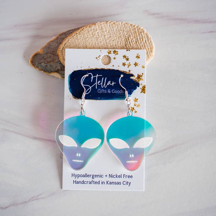 Stellar Gifts & Goods Wholesale - Wholesale Dangle Earrings - Summer - Holographic Alien Face Dangles
