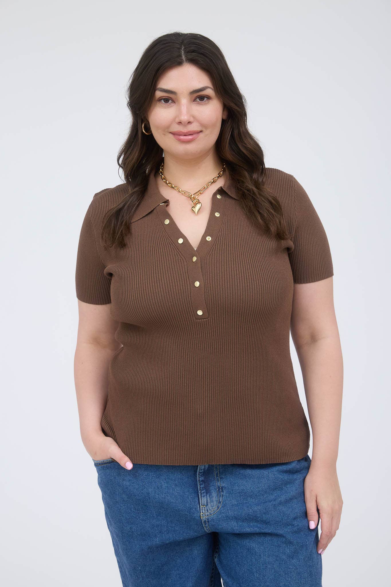 The Workshop Studio - Wholesale Knit Top - Women's - PLUS GOLD SNAP BUTTON SWEATER KNIT POLO13