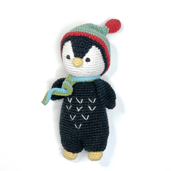 Cheeky Penguin Baby Rattle | Organic Cotton Crochet Toy for wholesale by Pebble